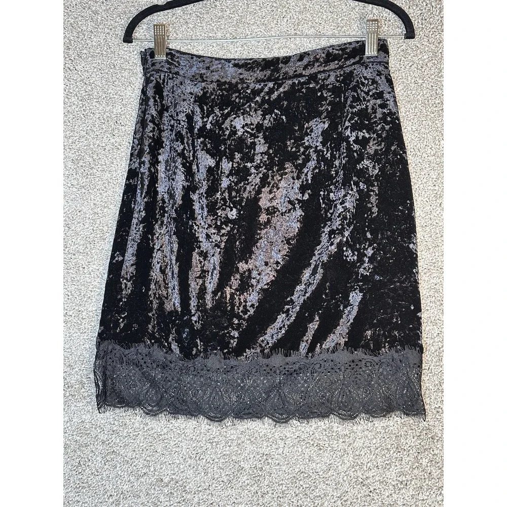 Comptoir des Cotonniers Black Crushed Velvet Lace Trim‎ Skirt Size XS In EUC - Picture 5 of 8